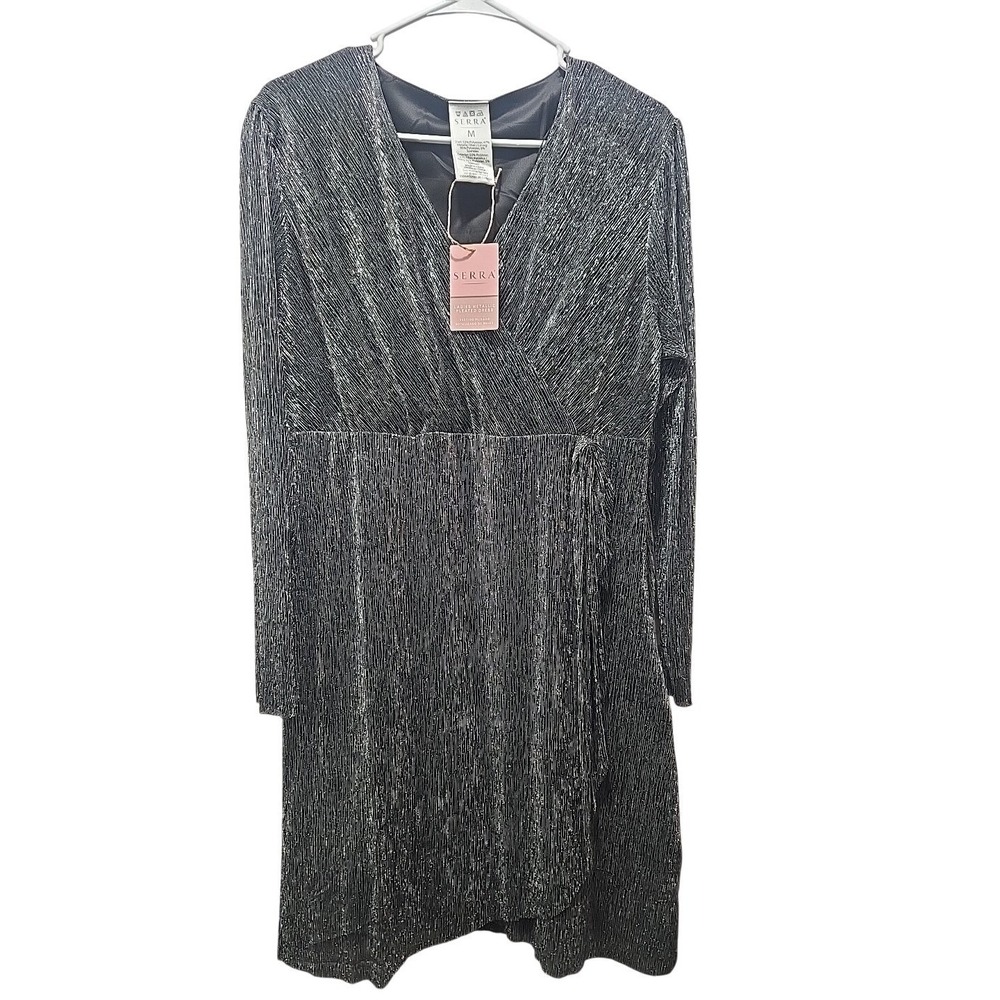 Serra Womens Metallic Silver Pleated Wrap Dress Long‎ Sleeve V-Neck Size M NWT